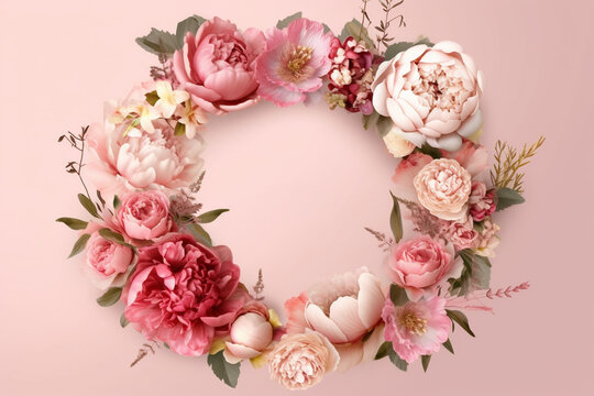 Cadre floral abstrait avec des pivoines, des roses sur un fond rose avec de l'espace pour le texte au centre. Composition romantique féminine. Invitation de mariage. Fêtes de Mères, Saint-Valentin.