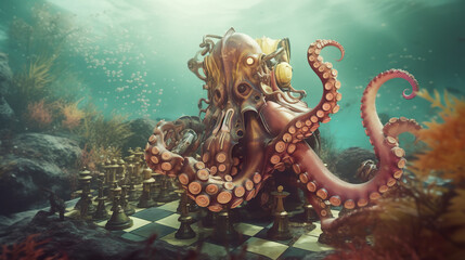 A giant octopus sitting on top of a chess board. Generative AI.