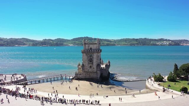 Aerial video of Belem Tower in Lisbon, Portugal
