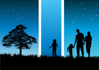 Concept illustration of a family walking on a warm evening.