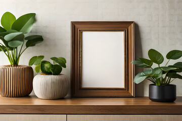 Cup of coffee, books and empty picture frame mockup on wooden desk, table. Vase with olive branches. Elegant working space, home office concept. Scandinavian interior design. Generative AI