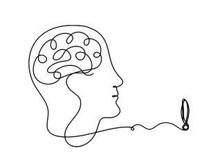 Man silhouette brain and exclamation mark as line drawing on white background