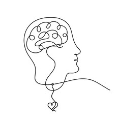 Man silhouette brain and heart as line drawing on white background