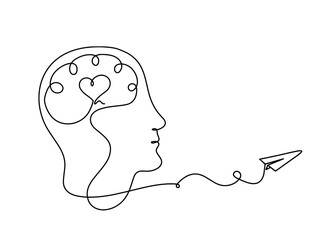 Man silhouette brain and paper plane as line drawing on white background