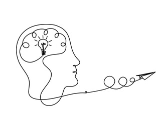 Man silhouette brain and paper plane as line drawing on white background