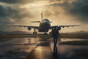 An Individual Approaching an Airplane with a Backpack by Generative AI