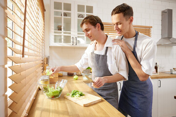 LGBT gay couple cooking vegetables together in the kitchen