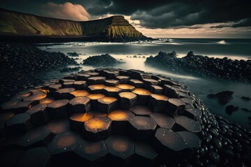 Giants causeway hexagon basalt rock on the sea. distinct generative AI image. - obrazy, fototapety, plakaty