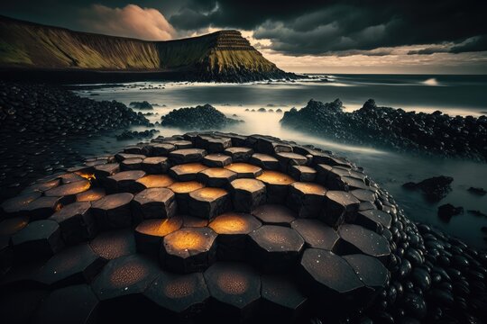 Giants causeway hexagon basalt rock on the sea. distinct generative AI image.