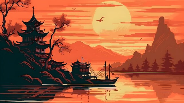 Illustration of Chinese or Japanese nature landscape sunset with mountain and lake background, orange and black artistic art, good for canvas print. Generative AI technology.