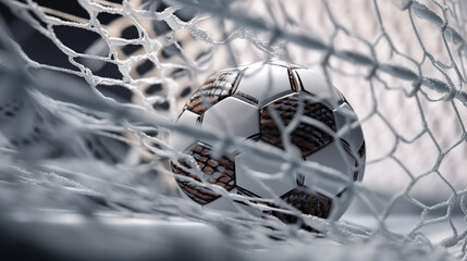 Soccer ball in goal is in net in white color. Generative AI