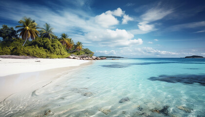 Obraz premium Tropical palm trees sway on turquoise waters generated by AI