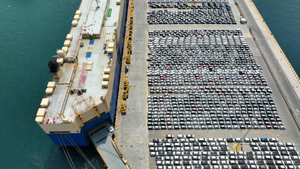 Aerial drone photo of international car terminal and Ro Ro boat terminal in Drapetsona area, Piraeus, Attica, Greece