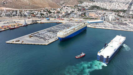 Fototapeta na wymiar Aerial drone photo of international car terminal and Ro Ro boat terminal in Drapetsona area, Piraeus, Attica, Greece