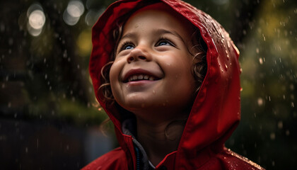 Smiling child enjoys playful raindrop beauty outdoors generated by AI