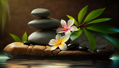 Zen stones and bamboo on the water lined with spa pebbles and plumeria flowers. Generative AI,