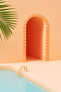 Abstract scene with geometrical forms, arch with swimming pool