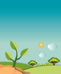 Fototapeta na wymiar Background with trees and grass. Plant Trees with blue sky, sun, cloud, leaf vector illustration