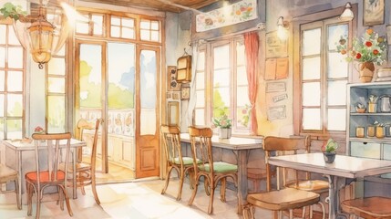Fototapeta na wymiar Light watercolor interior of a cozy cafe