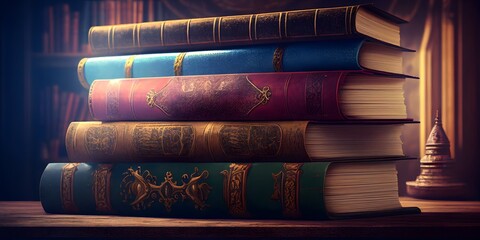 Old leather bound books on a shelf in a library Generative AI