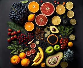 Fresh fruits and vegetables, healthy food, isolated flat lay. generative ai