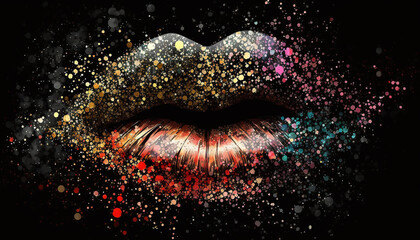Lips on a black background and a lot of multi-colored sparkles. Generative AI,