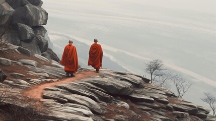 Chinese monks walking on mountains. Generative AI - obrazy, fototapety, plakaty