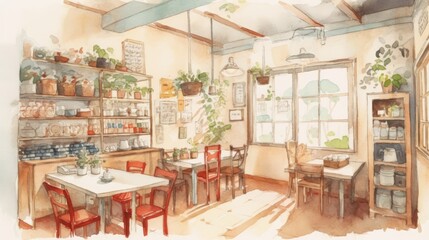 Fototapeta premium Light watercolor interior of a cozy cafe