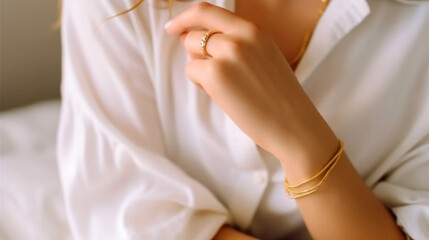 Obraz premium The woman's hand lies on a white shirt demonstrating gold jewelry.