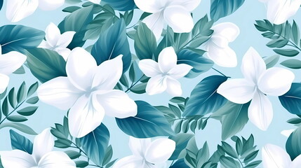  tropical flowers and leaves on blue background template generated ai