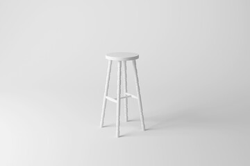 White four-legged stool chair on white background forming a monochrome background. Illustration as a minimalist interior design element