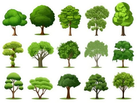 Tree Collection in cartoon style illustration. set isolated on white background. generative ai