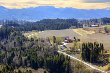 Spring in the agricultural area Bratsberg, Norway - obrazy, fototapety, plakaty