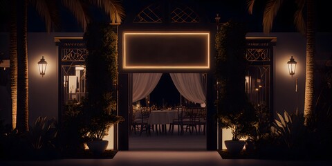 generic outdoor night shot of luxury resort or hotel like reception and fine dining restaurant with blank empty signboard mockup - Generative AI