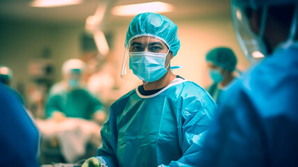 Experienced Surgeon in Full Personal Protective Equipment (PPE). Fictional person created with generative AI.