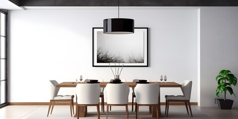 Mock up poster frame in dining room interior with white wall background