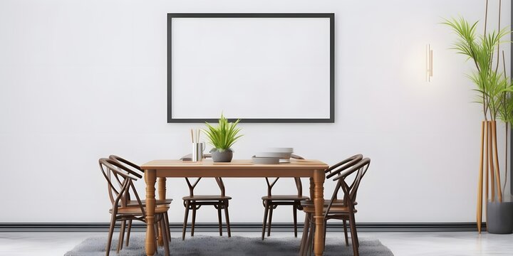 Stylish composition of cozy dining room intrerior with mock up poster frame