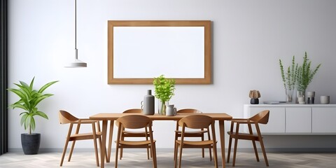 Stylish composition of cozy dining room intrerior with mock up poster frame