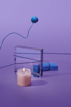 Composition with burning soy candle in modern colorful light
