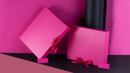 Mockup of a pink box with a bow in volume for design	
