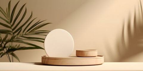 Two minimal modern wooden round tray podium on white glossy table counter in sunlight