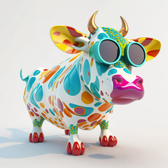 Cartoon colorful cow with sunglasses on white background. Created with generative ai
