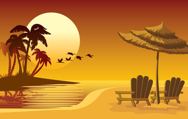 Summer landscape: sunset, beach, chairs and umbrella