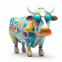 Cartoon colorful cow with sunglasses on white background. Created with generative ai