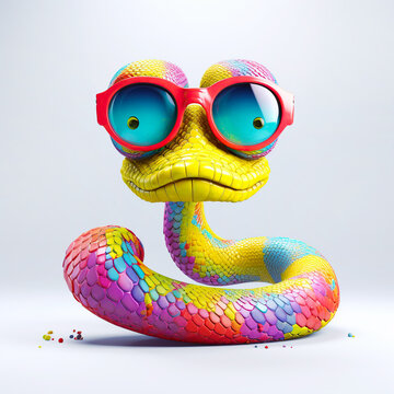 Cartoon colorful snake with sunglasses on isolated background. Created with generative ai