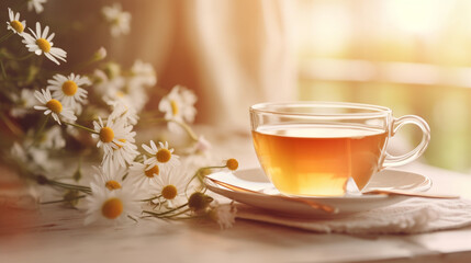 A soft focus image of a cup of herbal tea with chamomile flowers, shallow depth of field, and blurred surroundings, creating a calming and soothing atmosphere. - obrazy, fototapety, plakaty