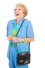 Senior woman laughing while taking on the hands free set for her cellphone. Isolated on white.