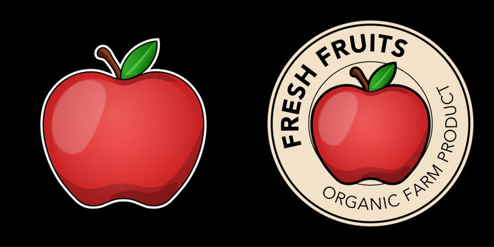 vector illustration of a apple logo design isolate on black background. red apple vector in 3d effect printed for stickers, emblem, logo brand design. organic farm fruit stiker for packaging product