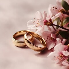 Pink Petal Harmony: Wedding Rings Surrounded by Delicate Pink Flowers Created with generative AI tools