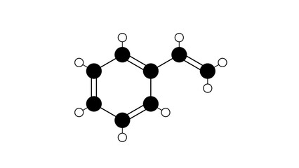 styrene molecule, structural chemical formula, ball-and-stick model, isolated image vinylbenzene